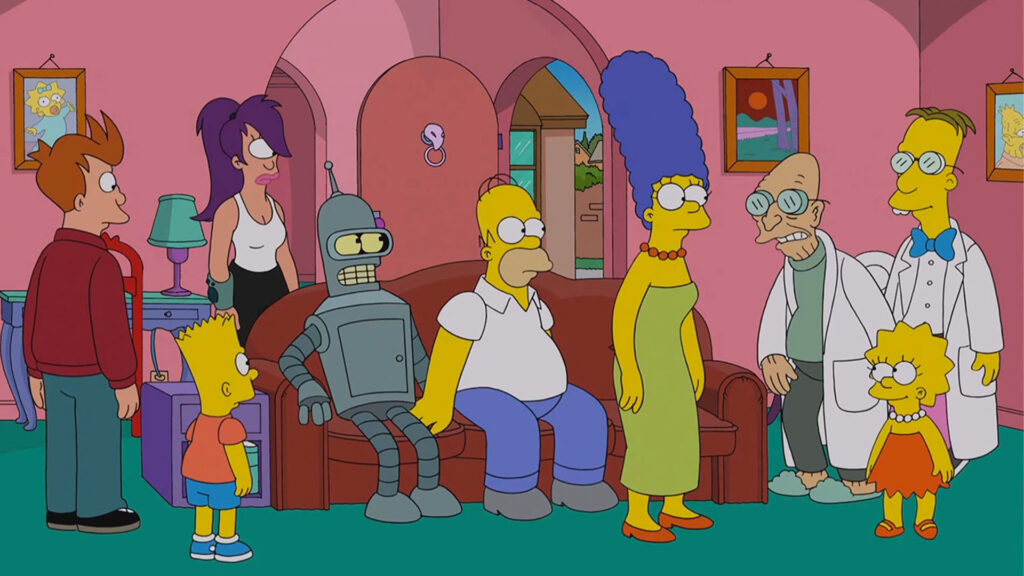 Televisión retro rodeada de elementos de animación y cultura pop para ilustrar un artículo sobre referencias a Los Simpson en otras series.